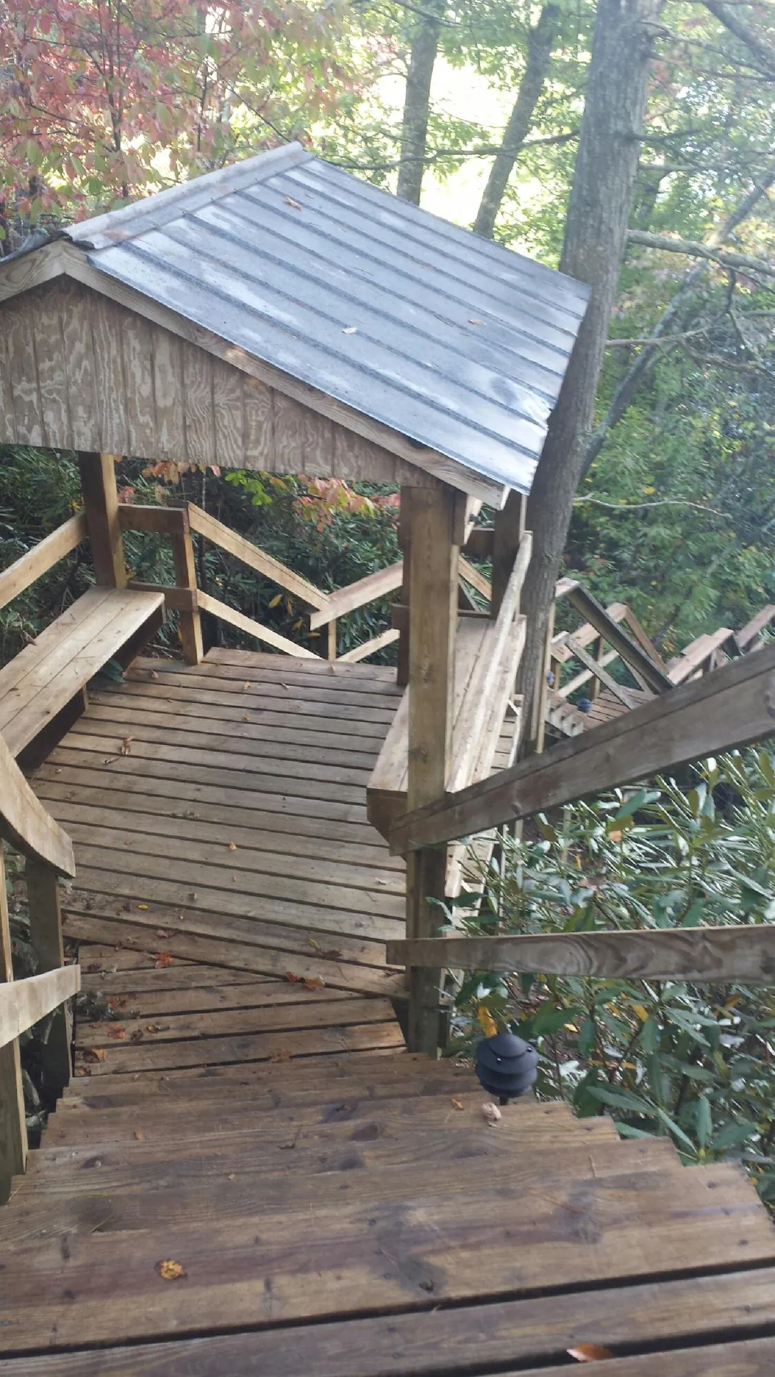 Metal roofed shelter over wooden steps on a wooded walkway — Skylight Repair & Installation work by our crew in Bowlus